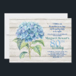 Watercolor Blue Hydrangea 80th Birthday Invitation<br><div class="desc">Pretty watercolor blue hydrangea flower 80th birthday invitation. A pretty watercolor hydrangea flower over a white washed wood background. The back has the words framed by a hydrangea flower frame. Perfect for any woman's 80th birthday. However, you can change the wording to any year. It's very versatile. All the fonts...</div>