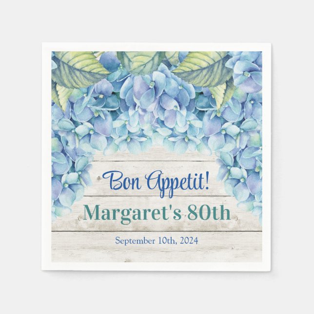 Watercolor Blue Hydrangea 80th Birthday Napkins (Front)