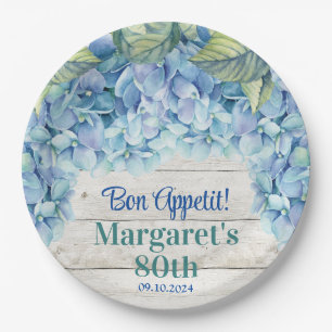 Watercolor Blue Hydrangea 80th Birthday Paper Plates