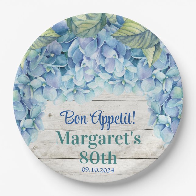 Watercolor Blue Hydrangea 80th Birthday Paper Plates (Front)