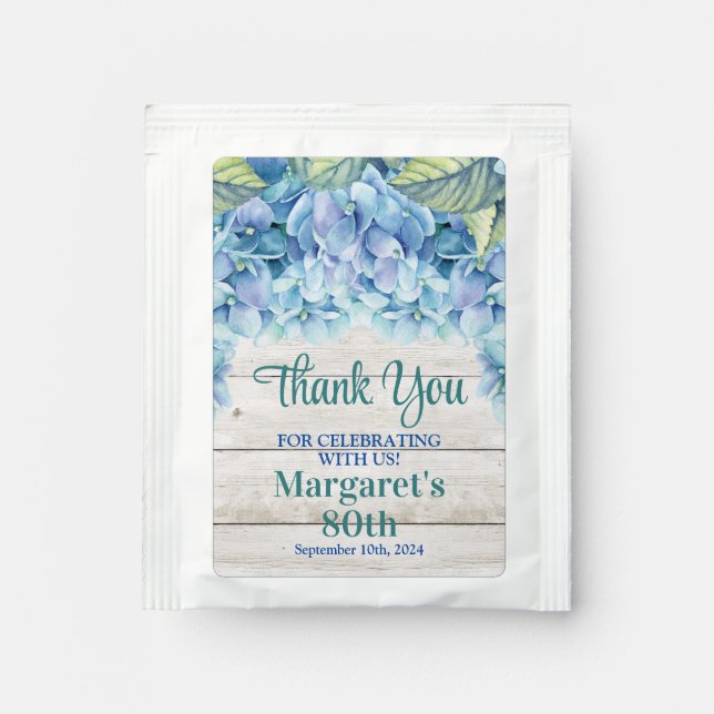 Watercolor Blue Hydrangea 80th Birthday Tea Bag Drink Mix (Front)