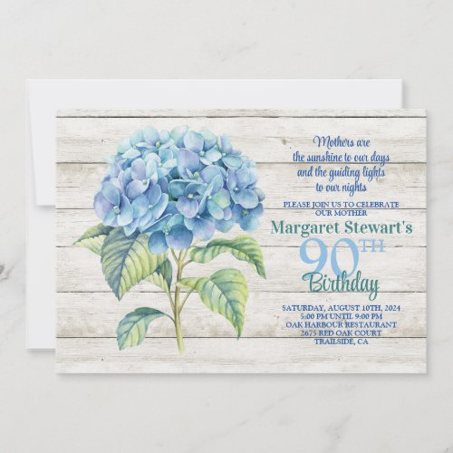 Watercolor Blue Hydrangea 90th Birthday Invitation