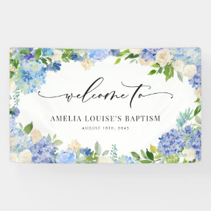 Watercolor Blue Hydrangea and Ivory Rose Baptism Banner