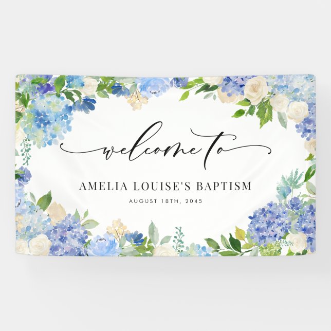 Watercolor Blue Hydrangea and Ivory Rose Baptism Banner (Horizontal)