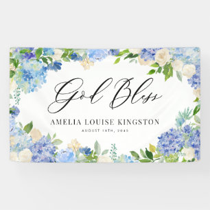 Watercolor Blue Hydrangea and Ivory Rose Baptism Banner