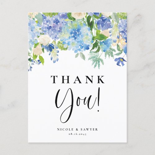Watercolor Blue Hydrangea and Ivory Rose Thank You Postcard