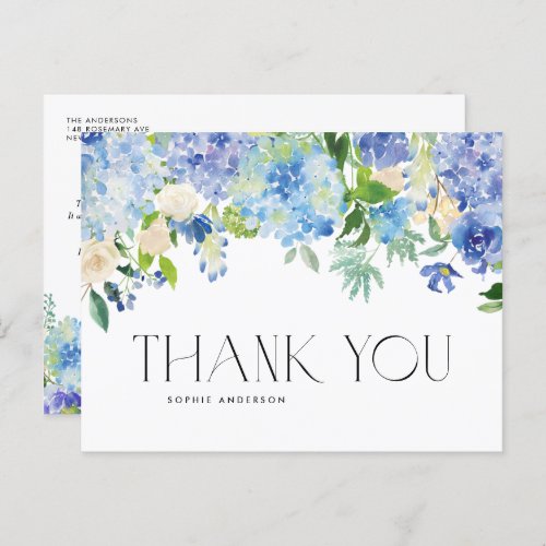 Watercolor Blue Hydrangea and Ivory Rose Thank You Postcard