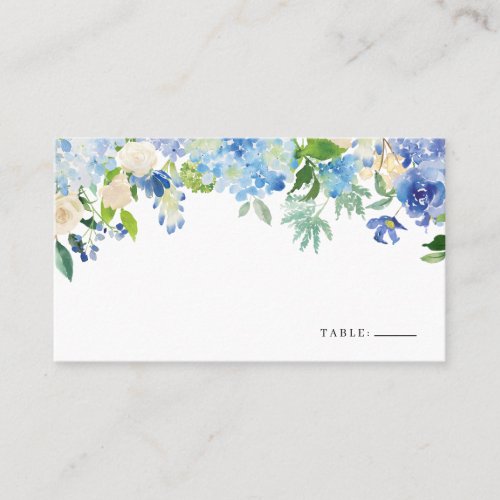 Watercolor Blue Hydrangea and Ivory Roses Floral Place Card