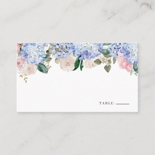 Watercolor Blue Hydrangea and Pink Roses Floral Place Card