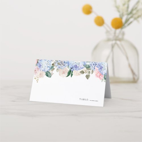Watercolor Blue Hydrangea and Pink Roses Floral Place Card