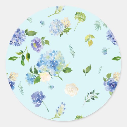 Watercolor Blue Hydrangea and Rose Floral Pattern Classic Round Sticker