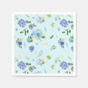 Watercolor Blue Hydrangea and Rose Floral Pattern Napkins