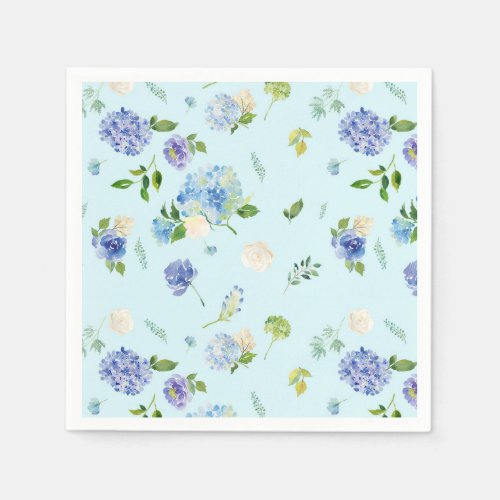 Watercolor Blue Hydrangea and Rose Floral Pattern Napkins