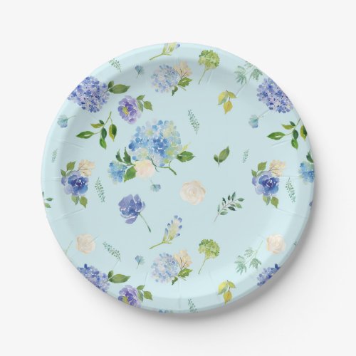 Watercolor Blue Hydrangea and Rose Floral Pattern Paper Plates