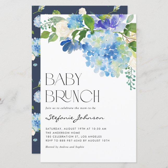 Watercolor Blue Hydrangea Baby Brunch Invitation (Front/Back)