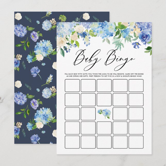 Watercolor Blue Hydrangea Baby Shower Bingo Game Enclosure Card (Front/Back)