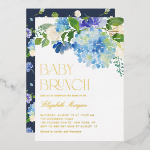 Watercolor Blue Hydrangea Baby Shower Brunch Foil Invitation