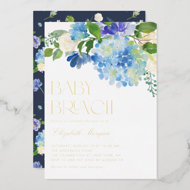 Watercolor Blue Hydrangea Baby Shower Brunch Foil Invitation (Front/Back)