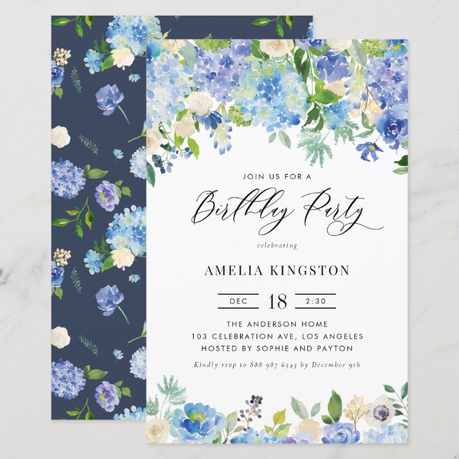 Watercolor Blue Hydrangea Birthday Invitation (Front/Back)