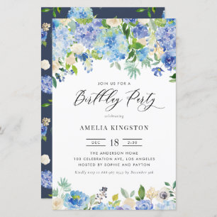 Watercolor Blue Hydrangea Birthday Invitation
