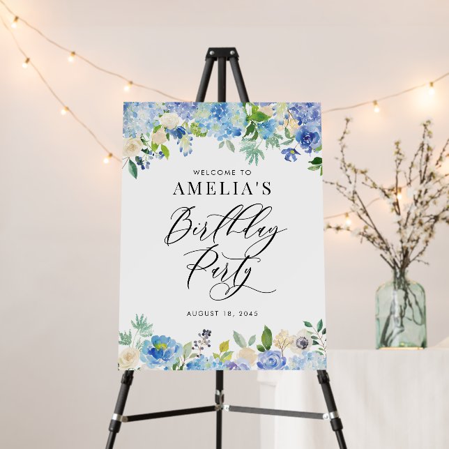 Watercolor Blue Hydrangea Birthday Party Welcome Foam Board (In Situ (Stand))