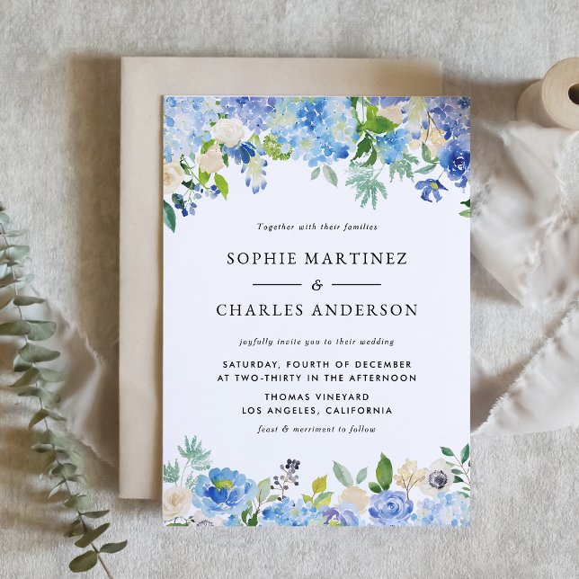 Watercolor Blue Hydrangea Botanical Wedding Invitation (Customizable floral wedding invitation featuring watercolor blue hydrangeas and ivory roses)