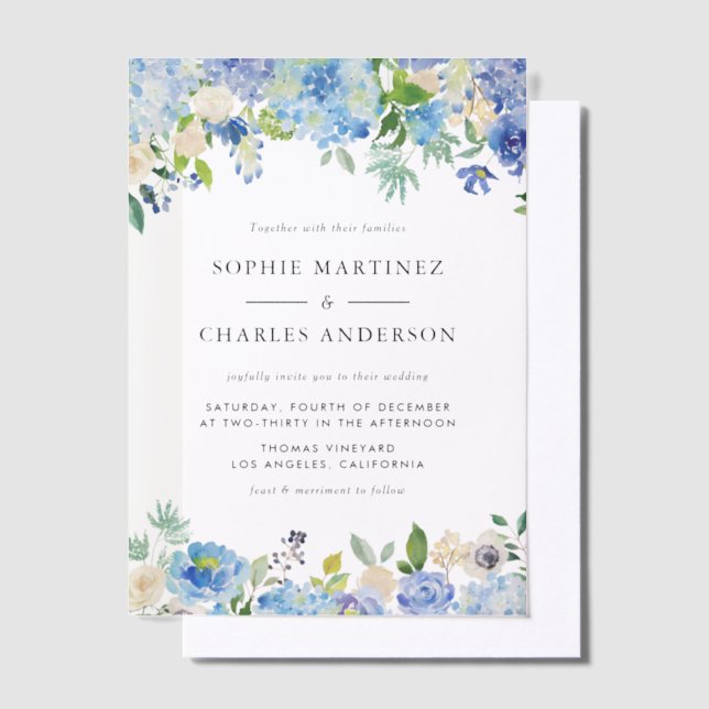 Watercolor Blue Hydrangea Botanical Wedding Vellum Invitations (Offset)