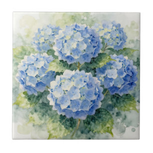 Watercolor Blue Hydrangea Bouquet Ceramic Tile