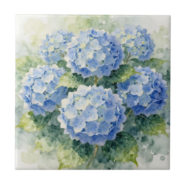 Watercolor Blue Hydrangea Bouquet Ceramic Tile (Front)
