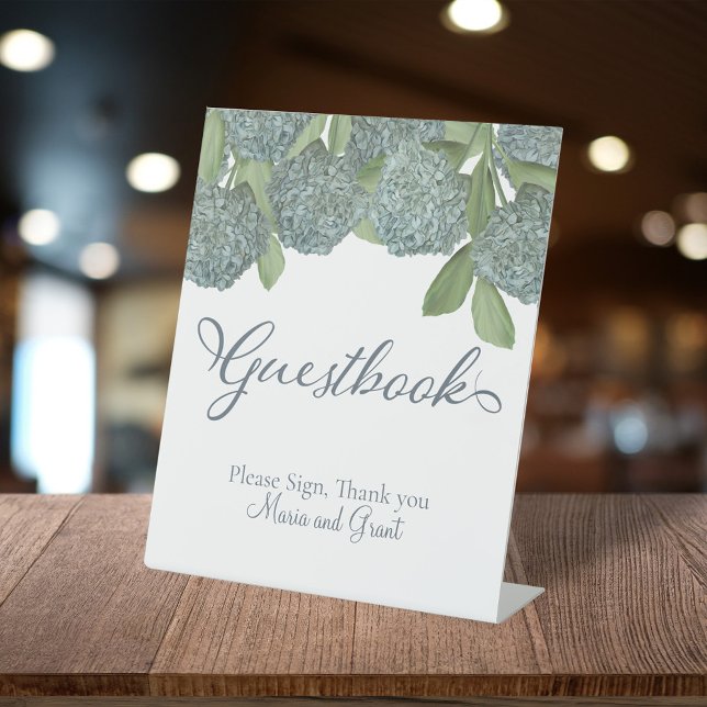 Watercolor Blue Hydrangea Bouquet Guestbook Sign (Blue hydrangea bouquet wedding guestbook sign with soft watercolor florals and elegant script)