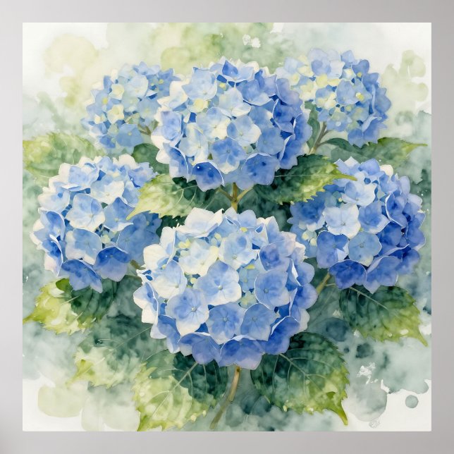 Watercolor Blue Hydrangea Bouquet Poster (Front)