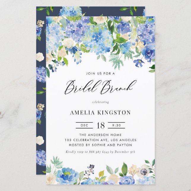Watercolor Blue Hydrangea Bridal Brunch Invitation (Front/Back)
