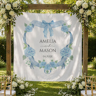 Watercolor Blue Hydrangea Crest Wedding Tapestry