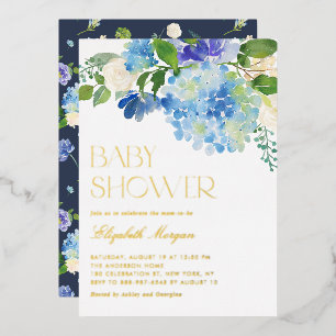 Watercolor Blue Hydrangea Floral Baby Shower Foil Invitation