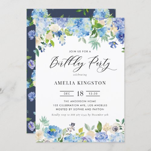 Watercolor Blue Hydrangea Floral Birthday Party Invitation