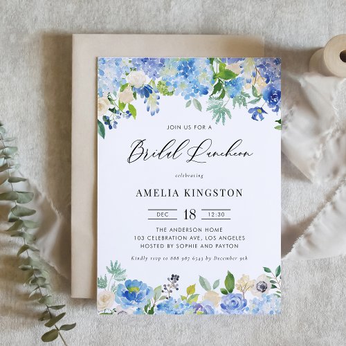 Watercolor Blue Hydrangea Floral Bridal Luncheon Invitation