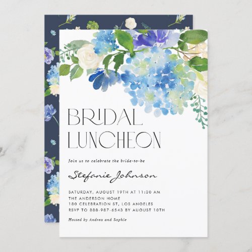Watercolor Blue Hydrangea Floral Bridal Luncheon Invitation