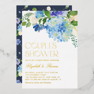 Watercolor Blue Hydrangea Floral Couples Shower Foil Invitation