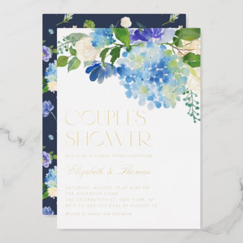 Watercolor Blue Hydrangea Floral Couples Shower Foil Invitation