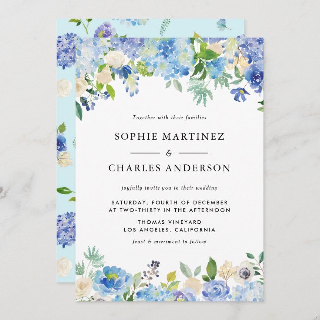Watercolor Blue Hydrangea Floral Garland Wedding Invitation (Front/Back)
