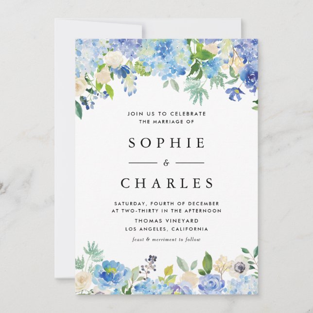 Watercolor Blue Hydrangea Floral Garland Wedding Invitation (Front)