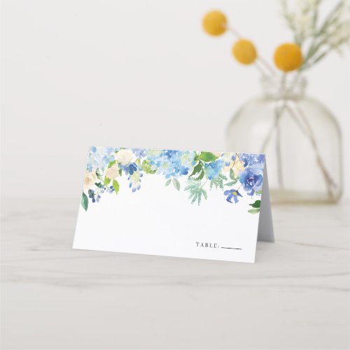 Watercolor Blue Hydrangea Floral Garland Wedding Place Card