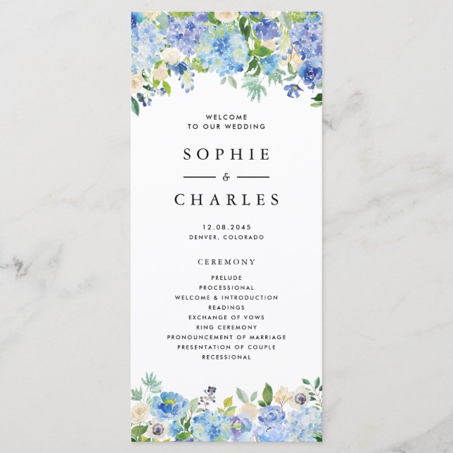 Watercolor Blue Hydrangea Floral Garland Wedding Program (Front)