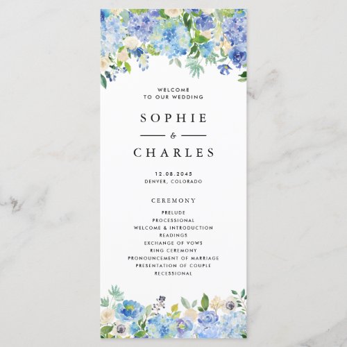 Watercolor Blue Hydrangea Floral Garland Wedding Program