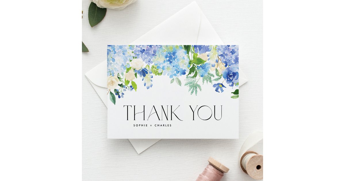 Watercolor Blue Hydrangea Floral Garland Wedding Thank You Card | Zazzle