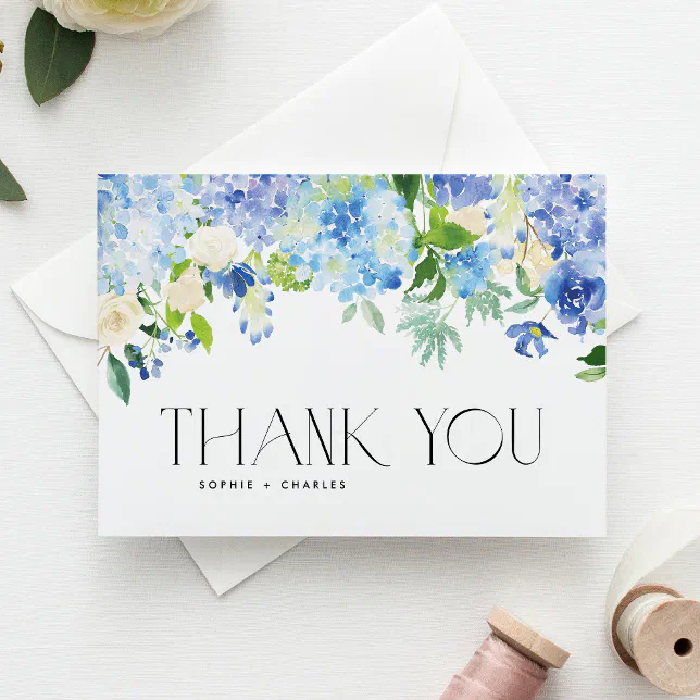 Watercolor Blue Hydrangea Floral Garland Wedding Thank You Card | Zazzle