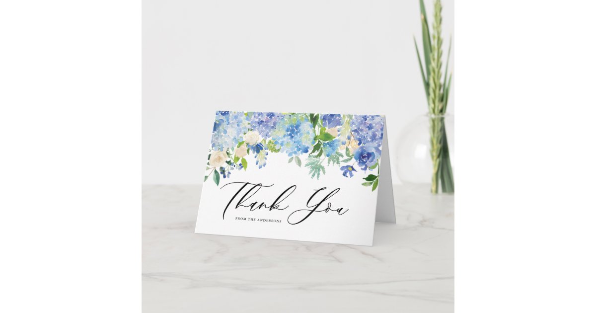 Watercolor Blue Hydrangea Floral Garland Wedding Thank You Card | Zazzle
