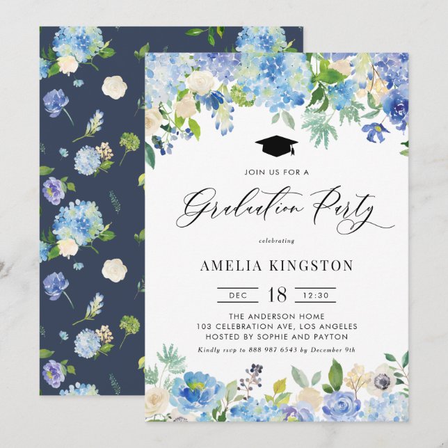 Watercolor Blue Hydrangea Floral Graduation Invitation (Front/Back)