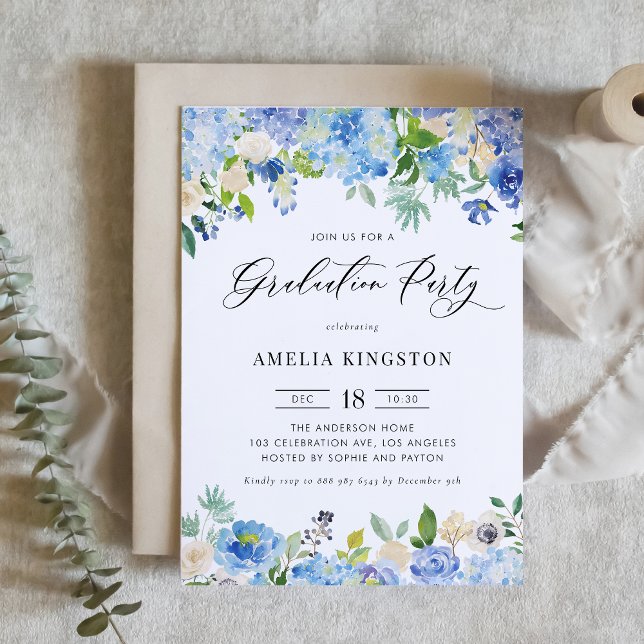 Watercolor Blue Hydrangea Floral Graduation Party Invitation (Creator Uploaded)