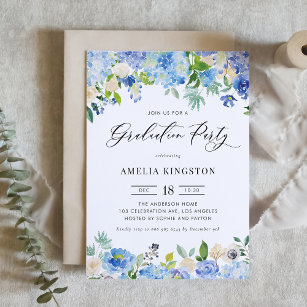 Watercolor Blue Hydrangea Floral Graduation Party Invitation